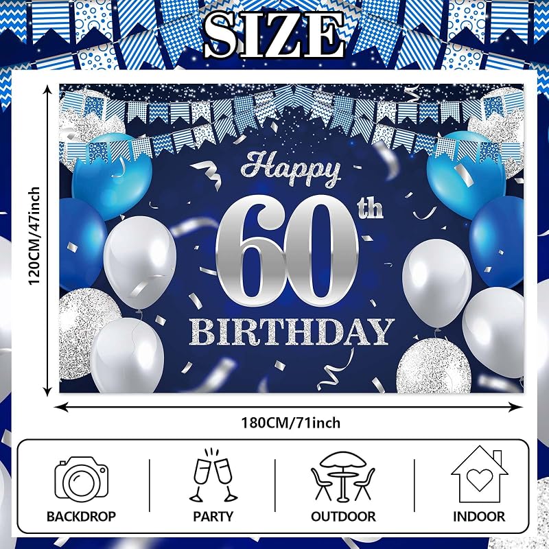 Pancarta 60 Cumpleaños Globos Azul Marino Confeti Brindis