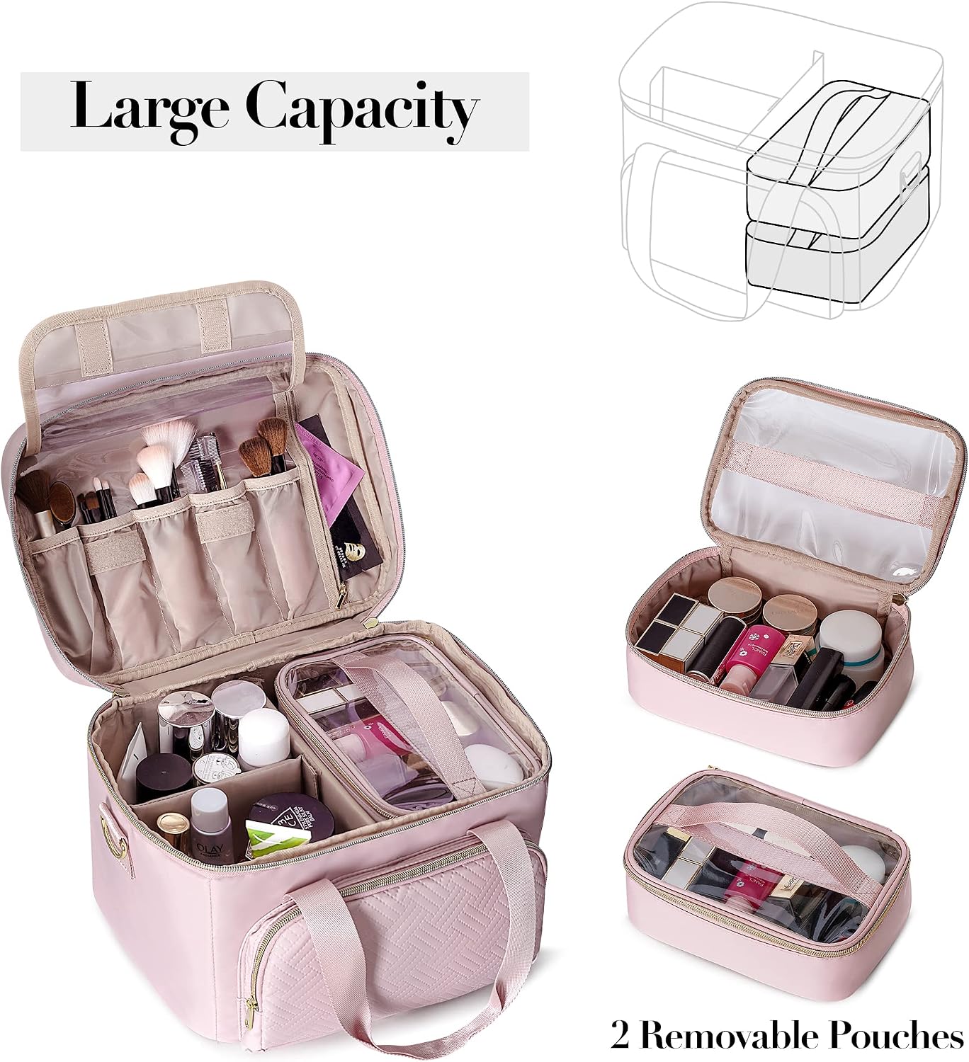 Bolsa maquillaje viaje con divisores ajustables rosa
