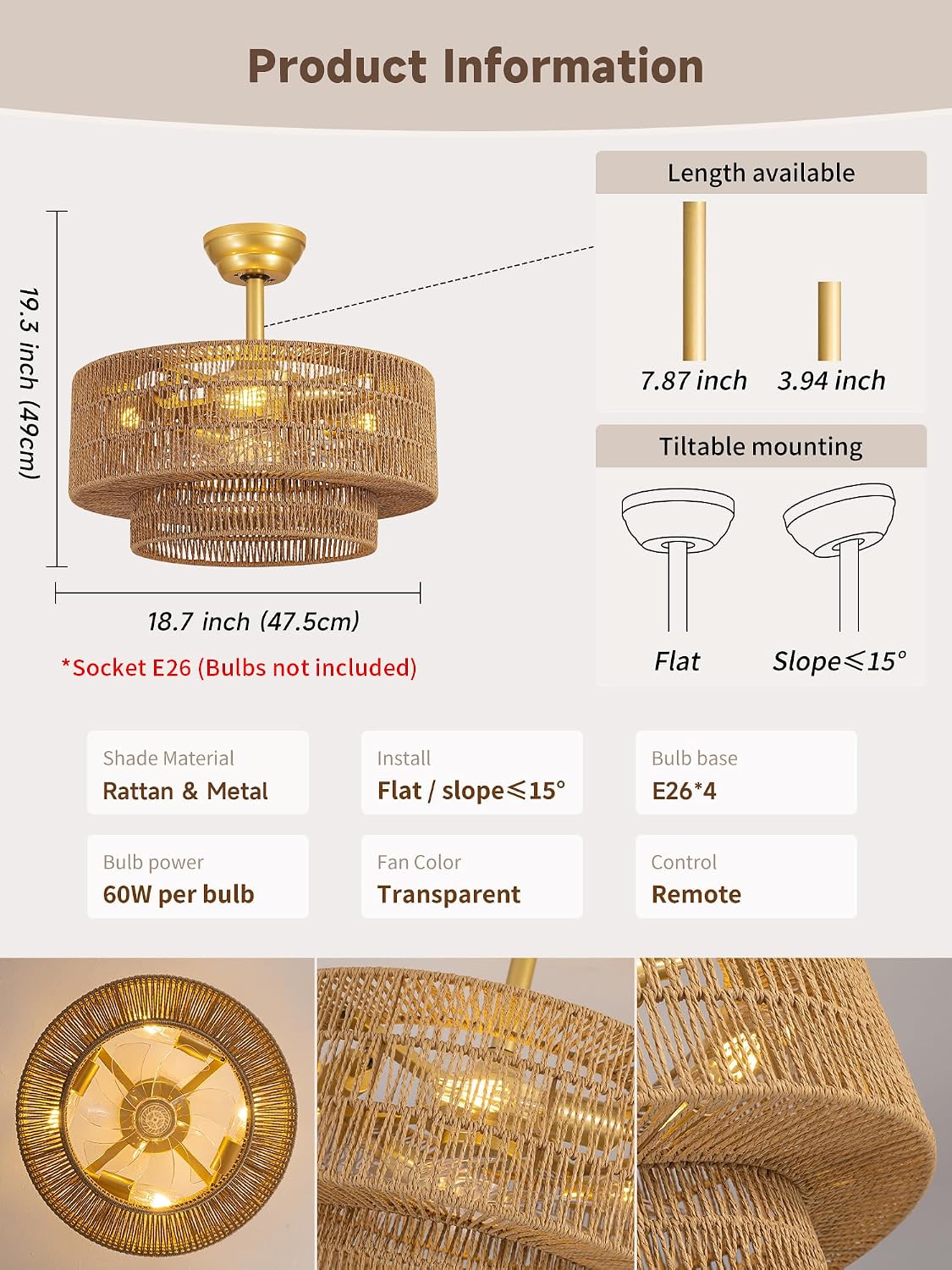 Ventilador techo bohemio ratán luces 6 velocidades