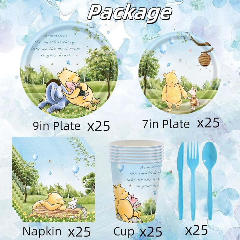 Juego 25 invitados decoración winnie azul platos servilletas tazas