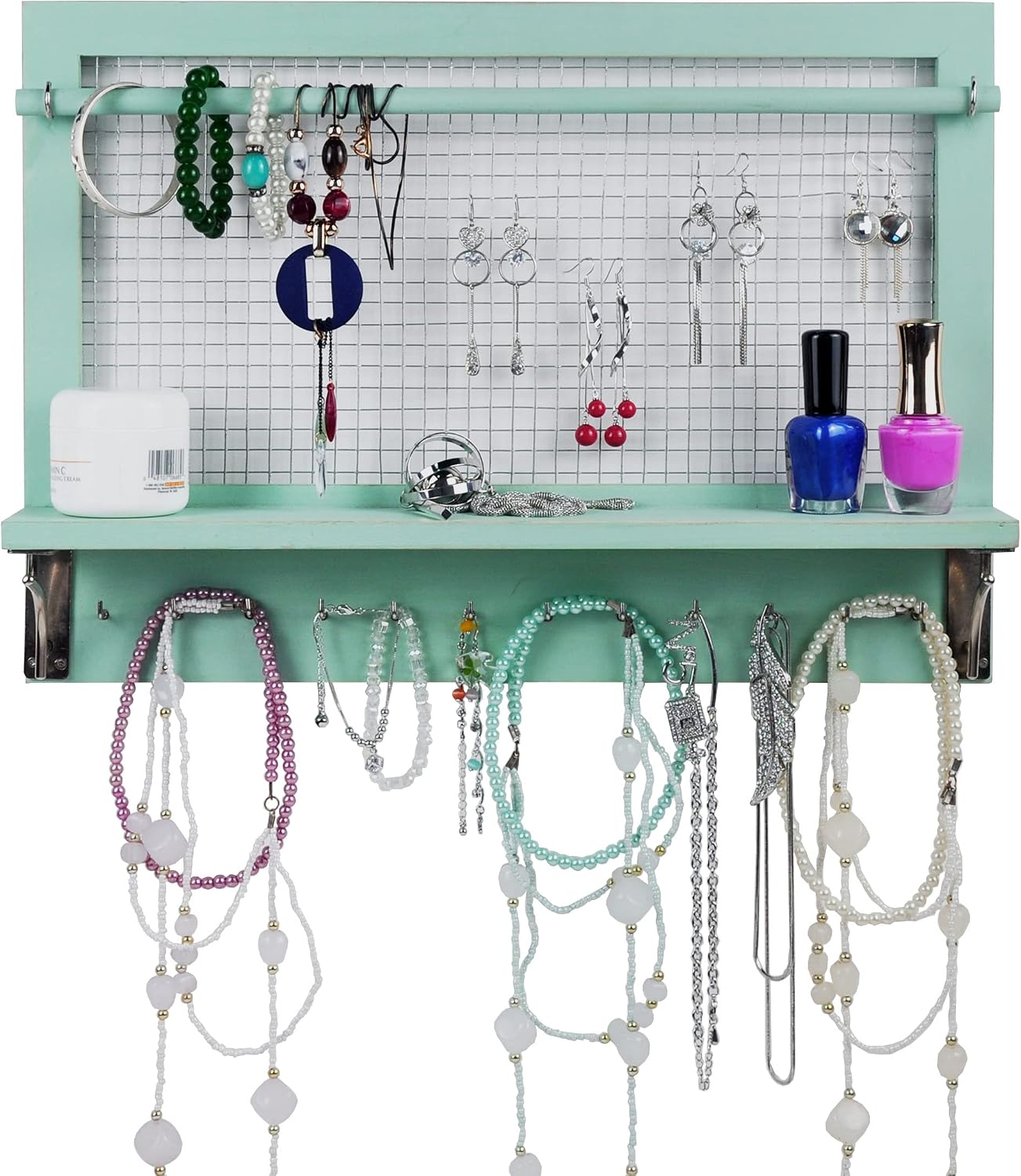 Organiz. joyas madera con ganchos y barra para colgar