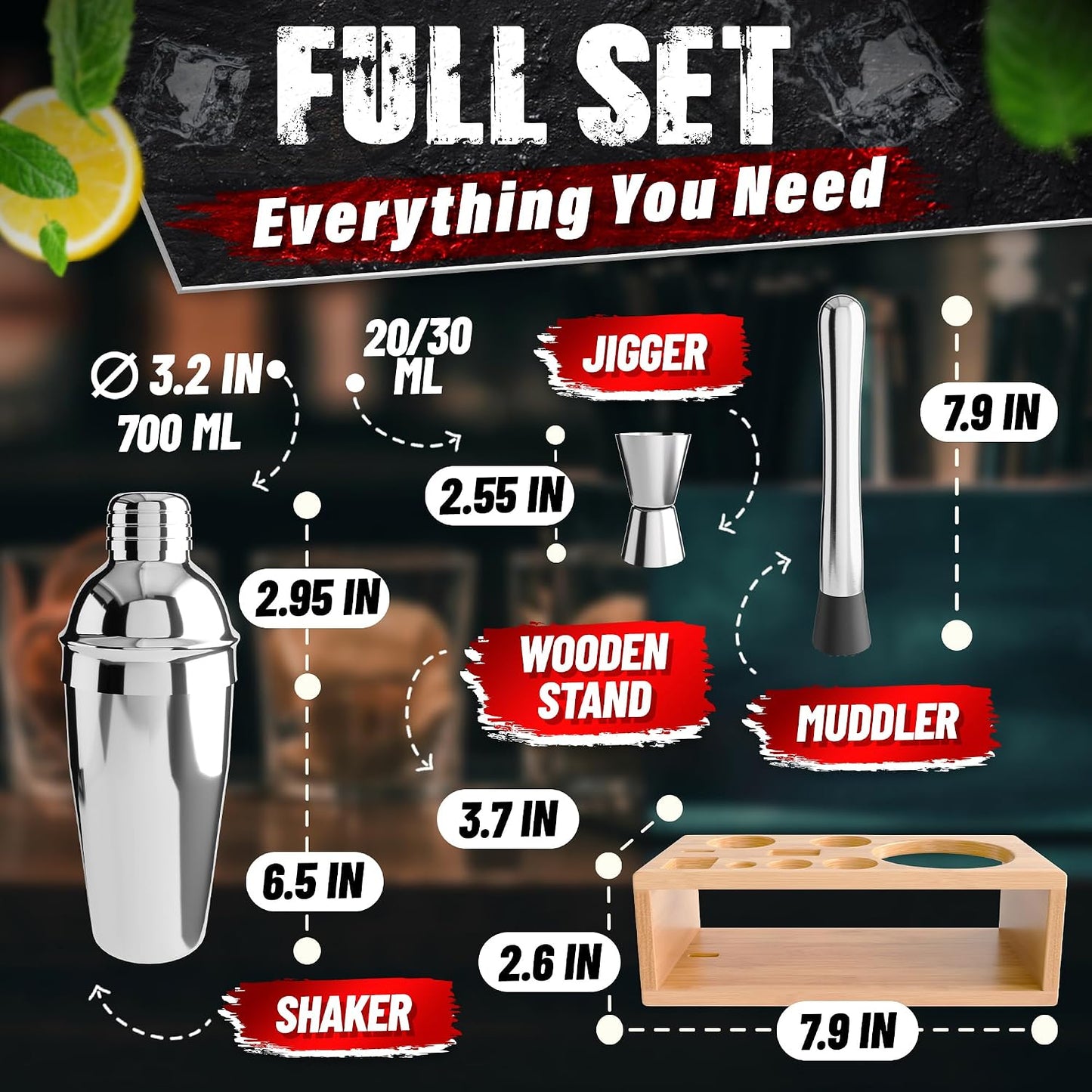 Set 10 Cocteleras Acero Inox con Accesorios Organizador Madera