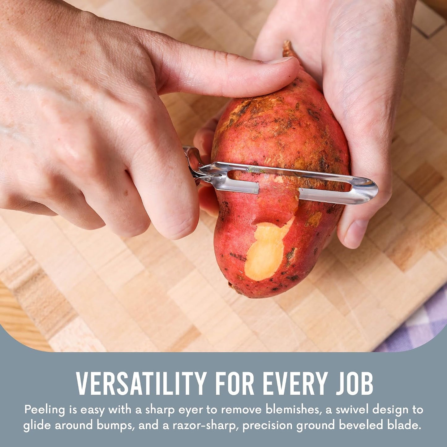 Pelador de patatas plateado resistente al óxido ergonómico