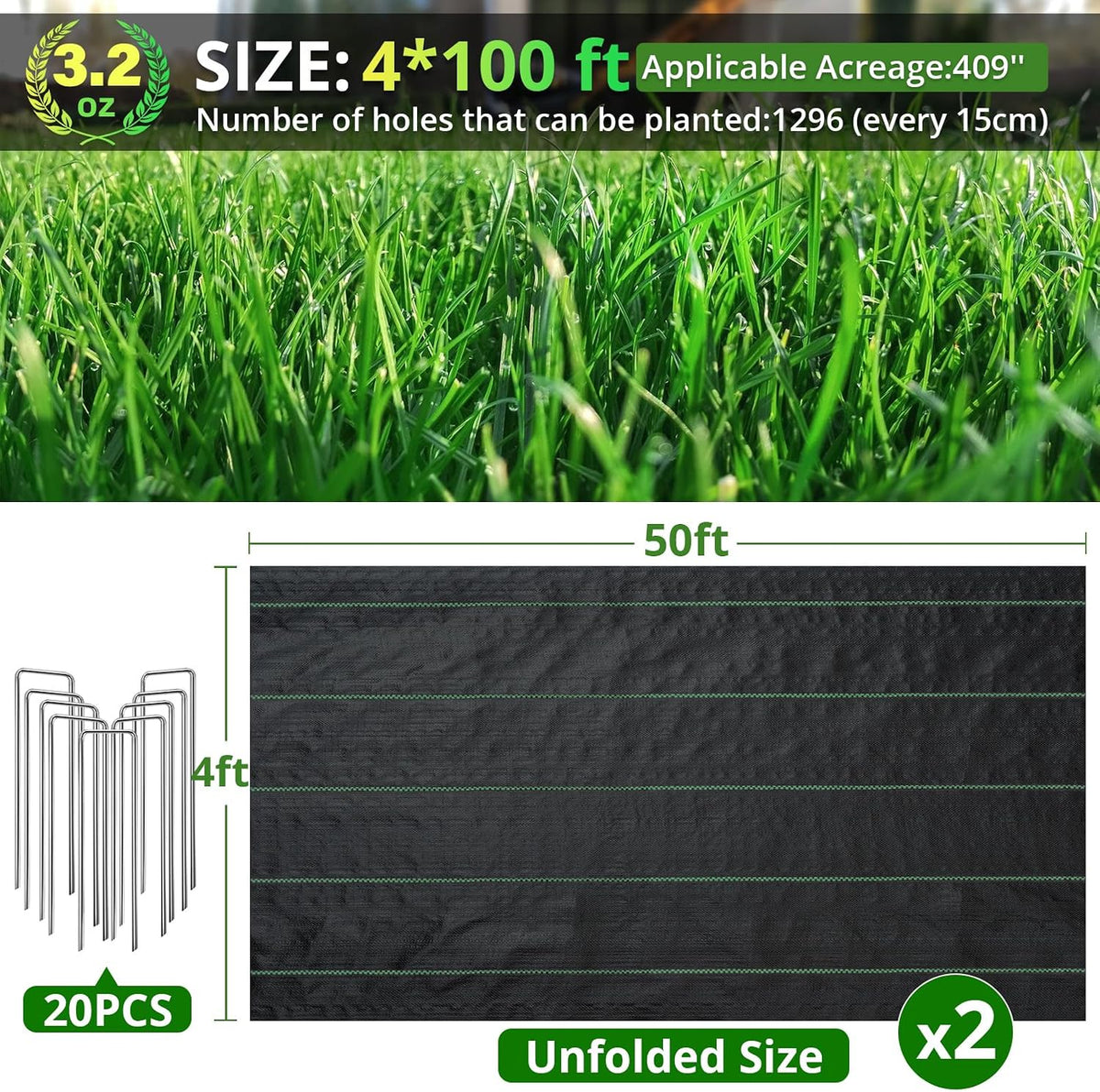 Tela barrera malezas 4x100ft 3.2oz jardín permeable 20 clavijas U