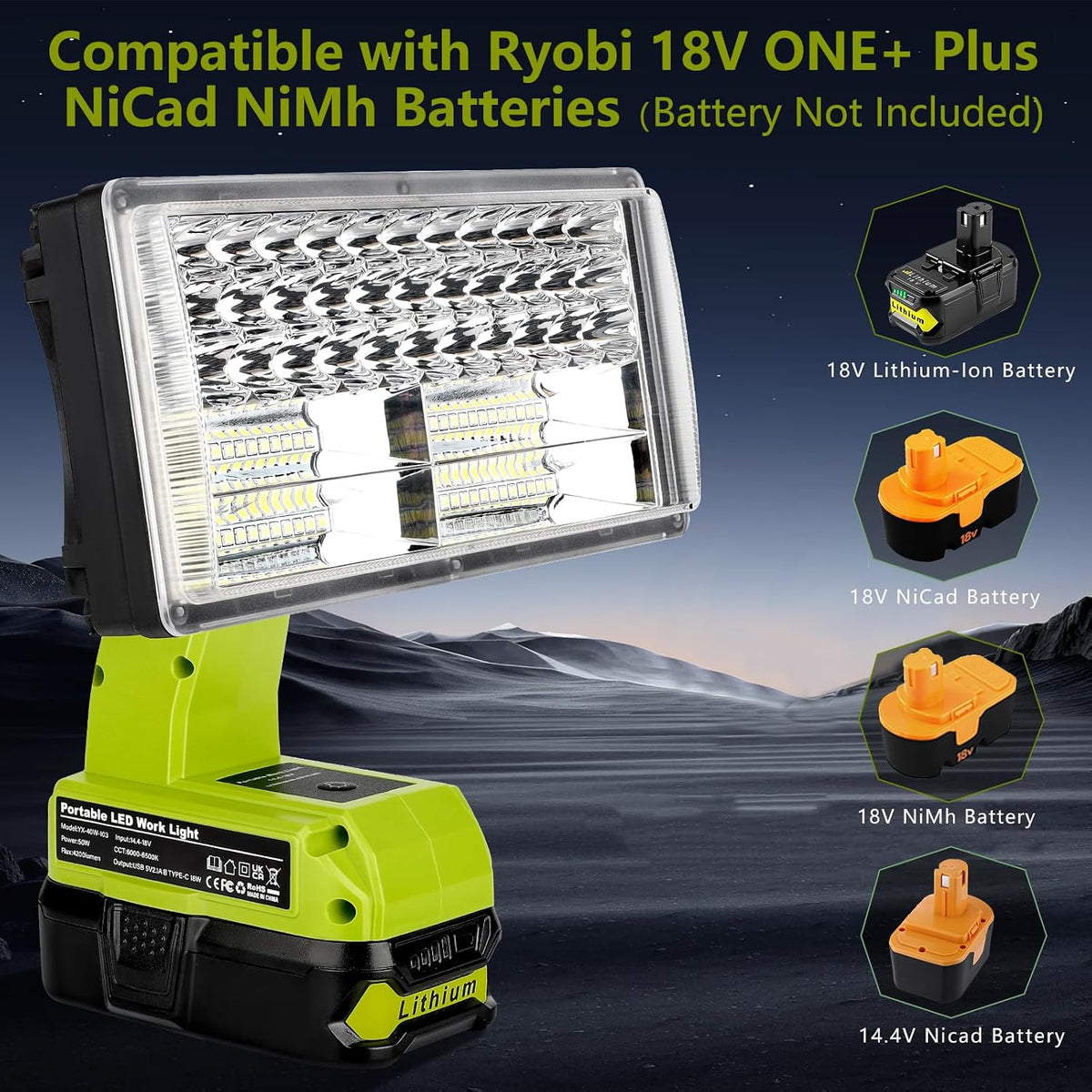 Luz trabajo LED 40W inalámbrica Ryobi 18V con USB y