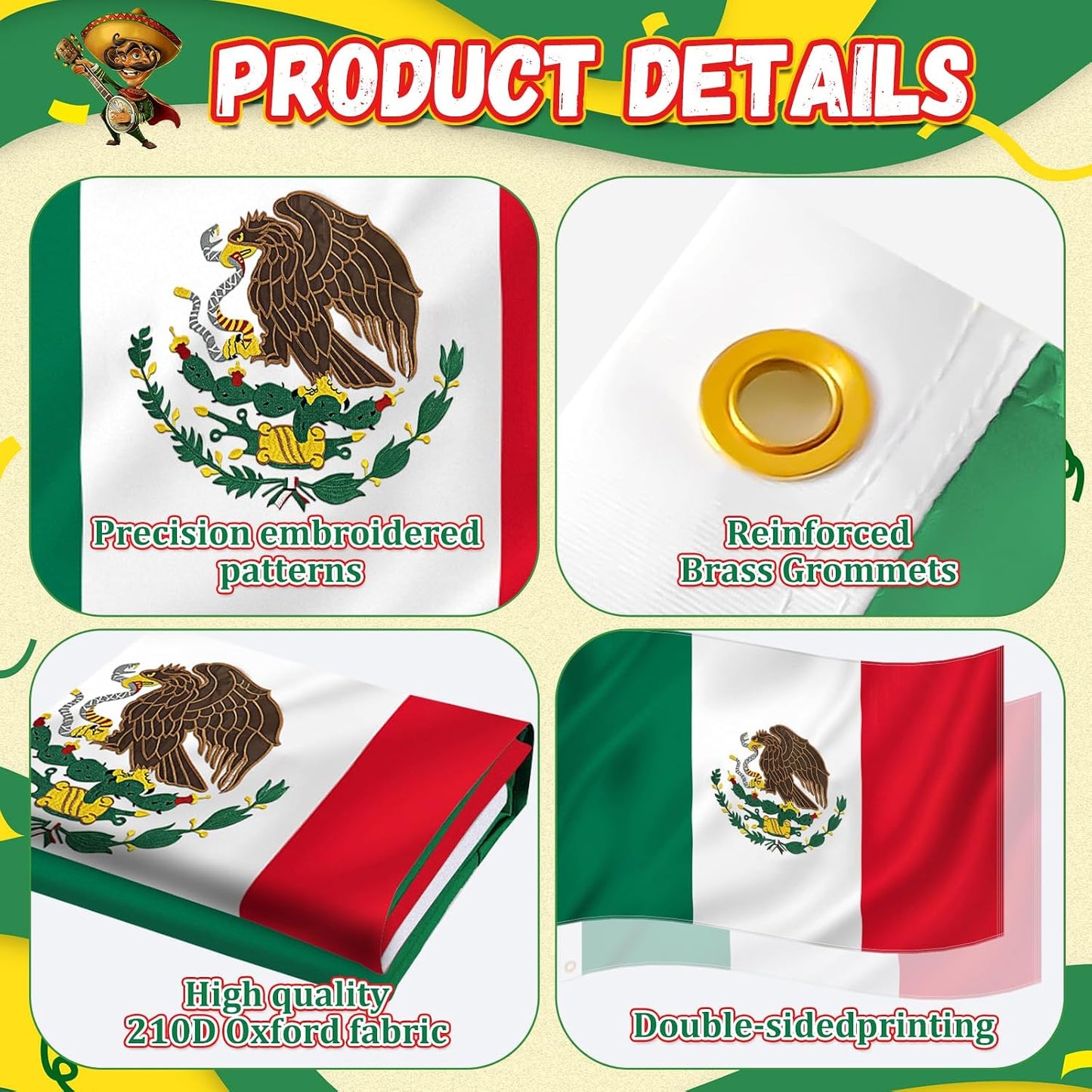 Bandera México 3x5ft tela Oxford 210D resistente