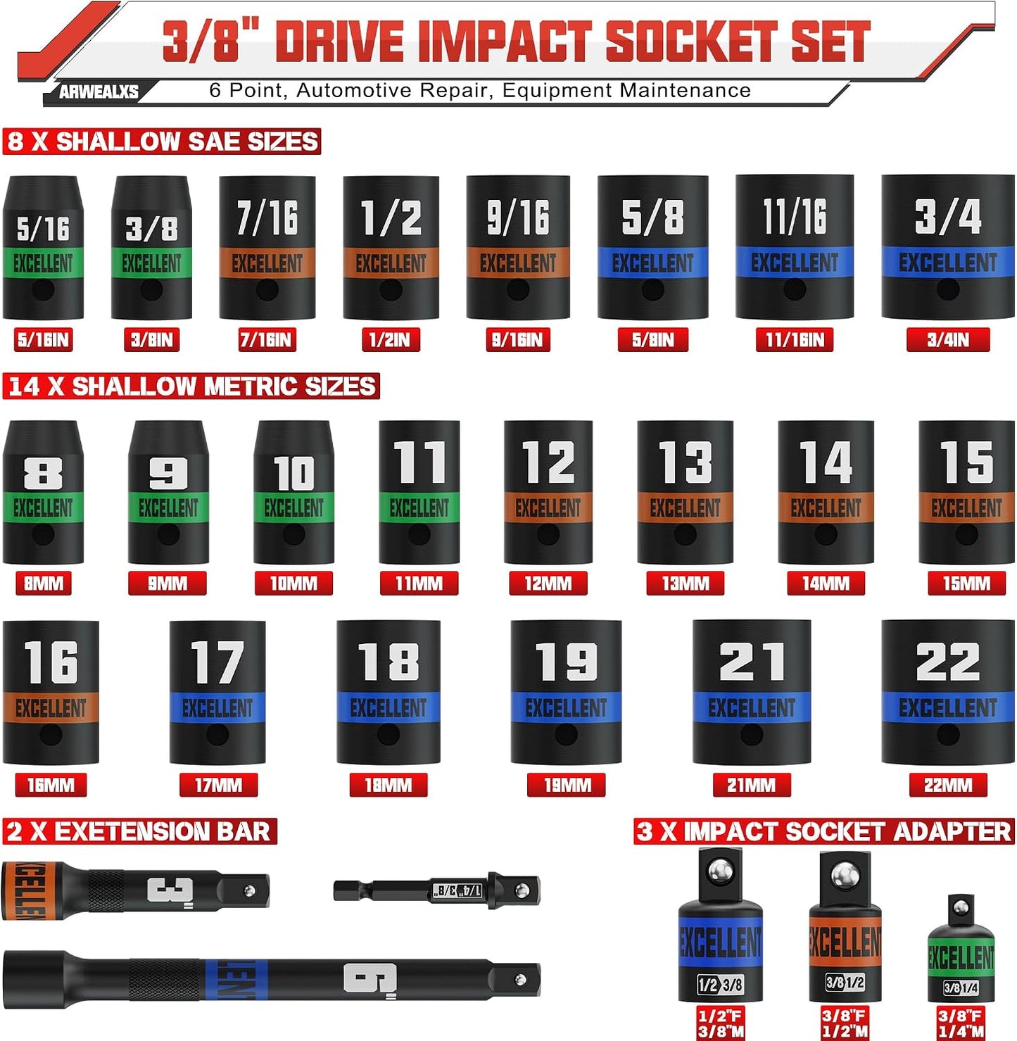 Set 50 Pzas Llaves Impacto 3/8pulg SAE y Métrico