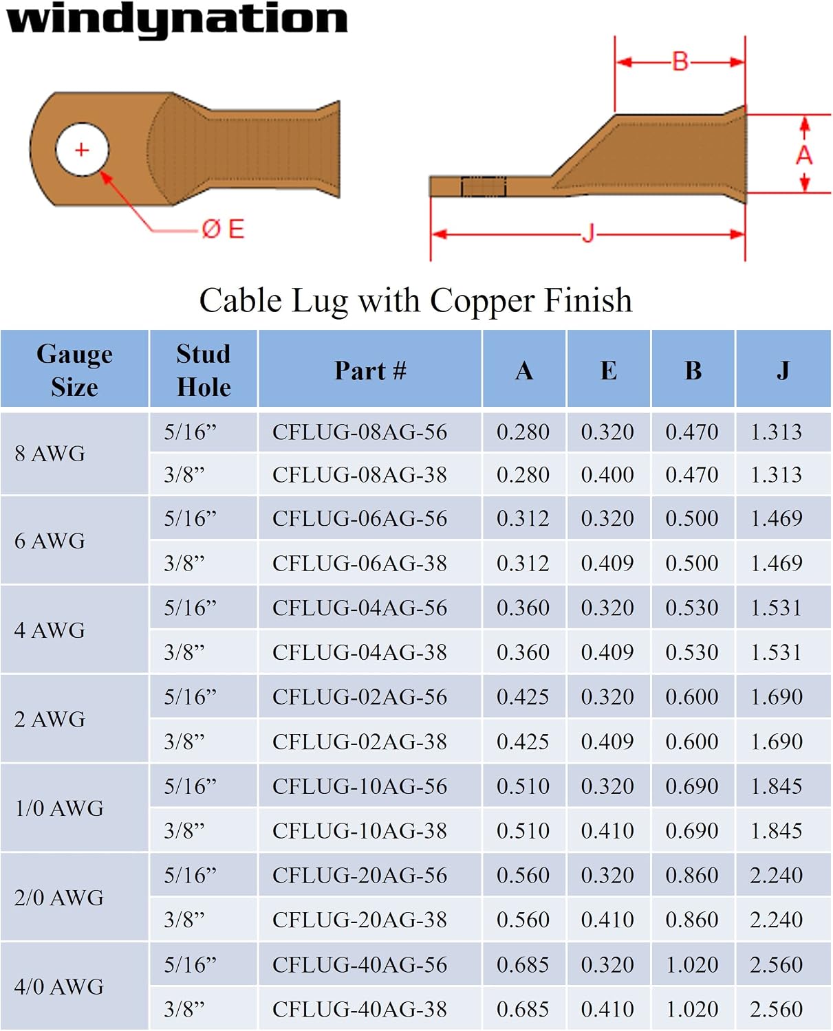 25 Pzas Terminales Anillo para Cable Batería 1/0x0.31pulg