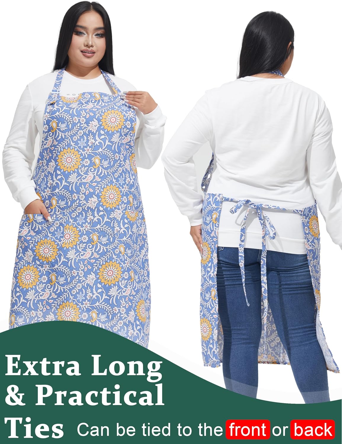 Delantal algodón lino talla grande mujer con bolsillos cocina