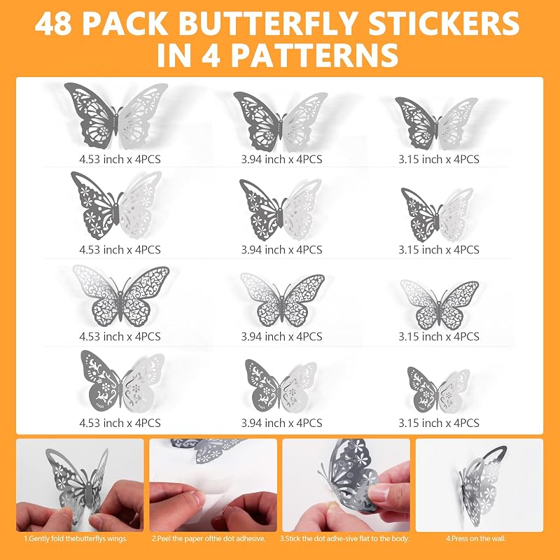48 Mariposas Plateadas 3D para Decoración de Pared y Pasteles