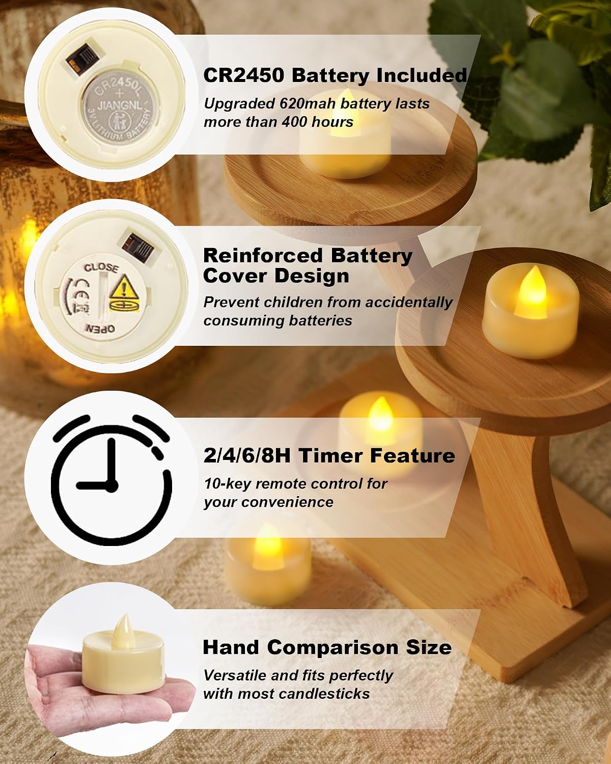 Juego 12 velas LED parpadeantes con temporizador batería