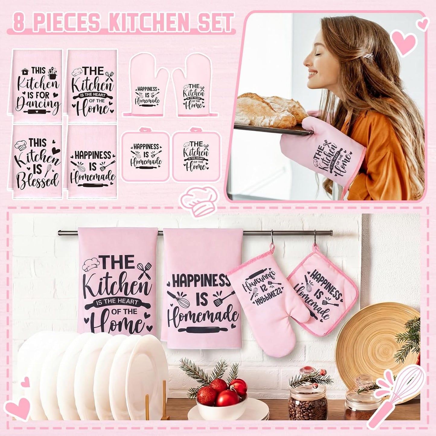 Set 8 toallas cocina guantes horno soportes ollas rosa