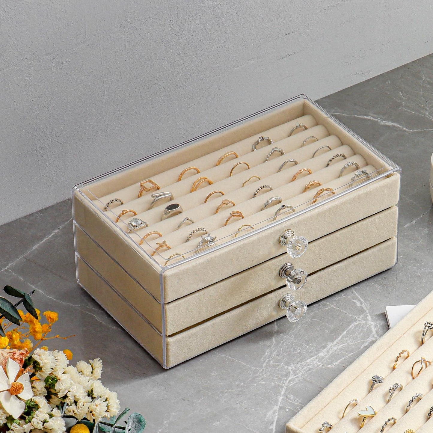 Caja organizadora anillos 3 cajones acrílico terciopelo