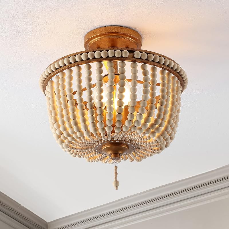 Lámpara techo 3 luces cuentas madera dorado antiguo 14"
