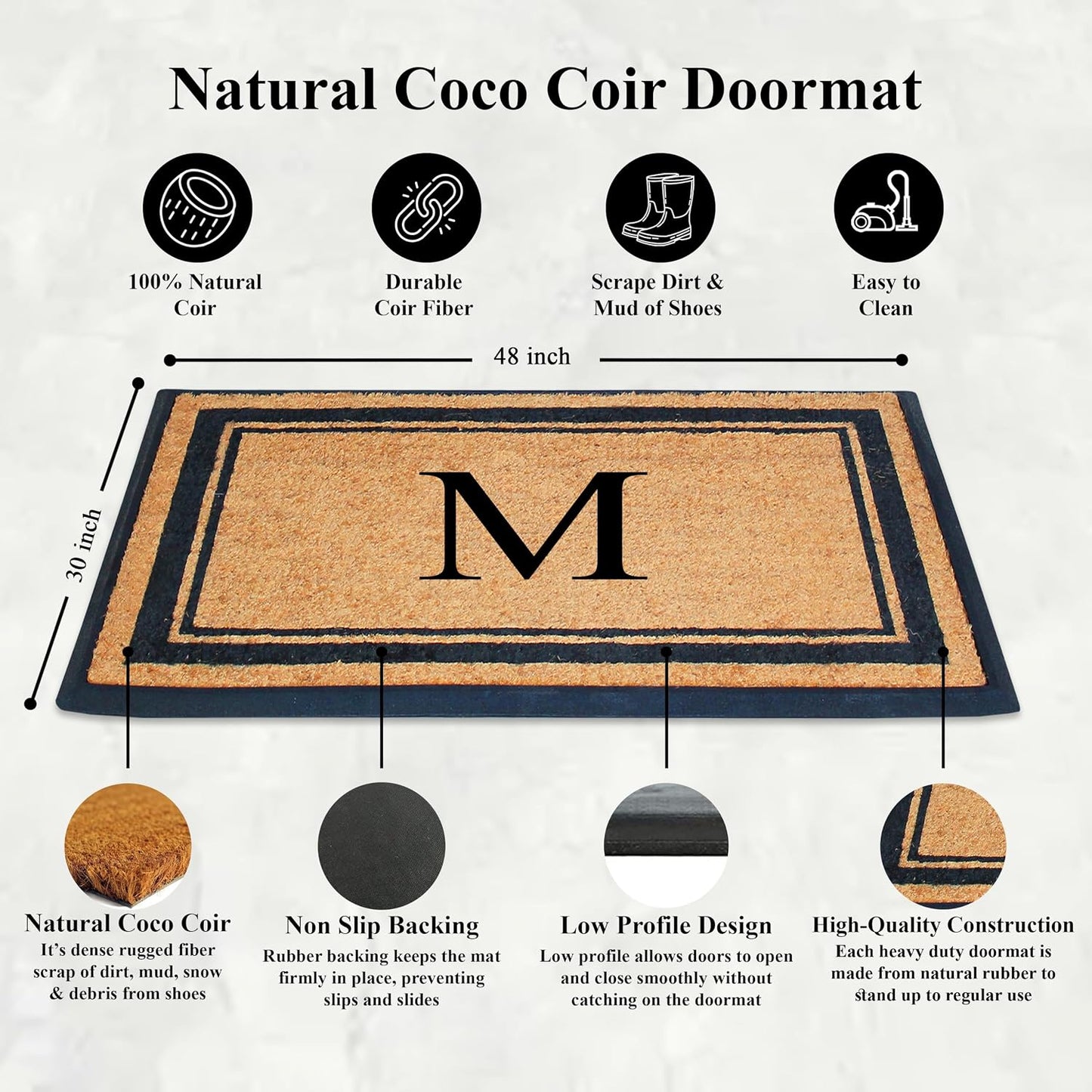 Felpudo con monograma fibra coco goma resistente 30x48"