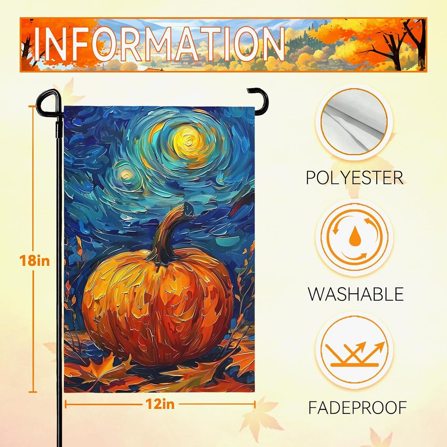 Bandera jardín otoño calabaza hojas Van Gogh arte nocturno