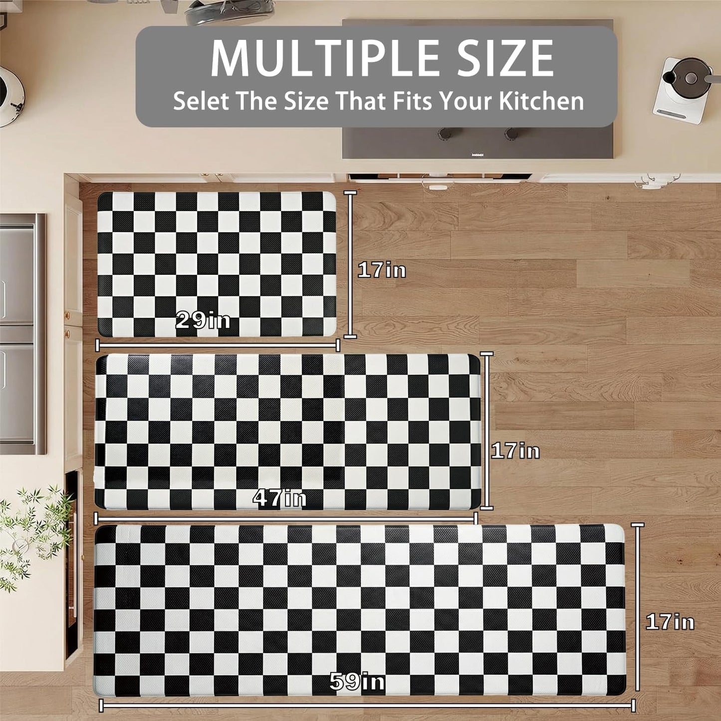 Set 2 Alfombras Cocina Cuadros Beige y Negro Antifatiga