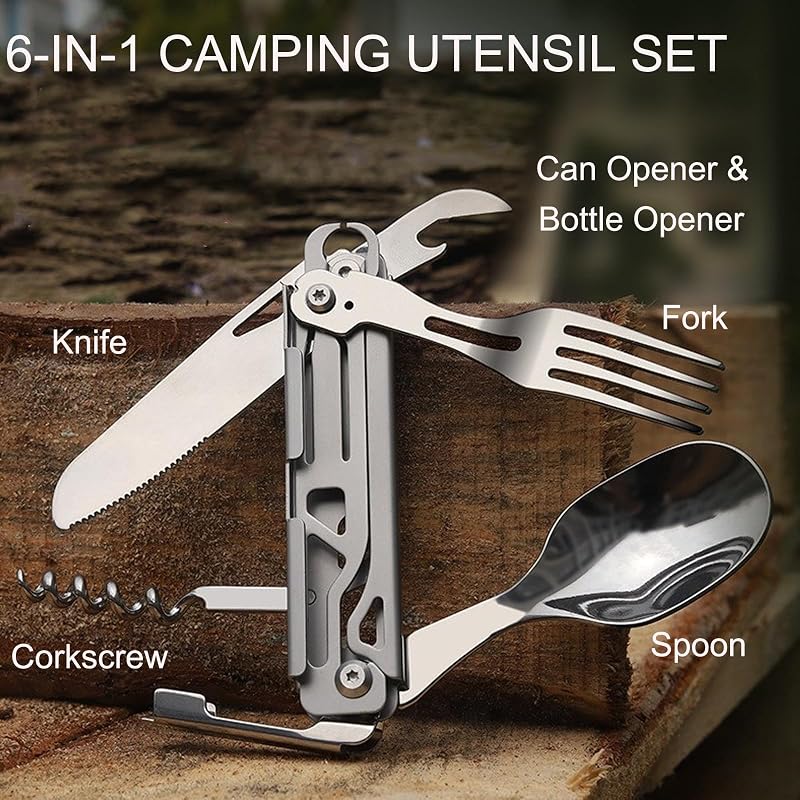 Utensilios camping 6en1 acero inox cuchara tenedor cuchillo
