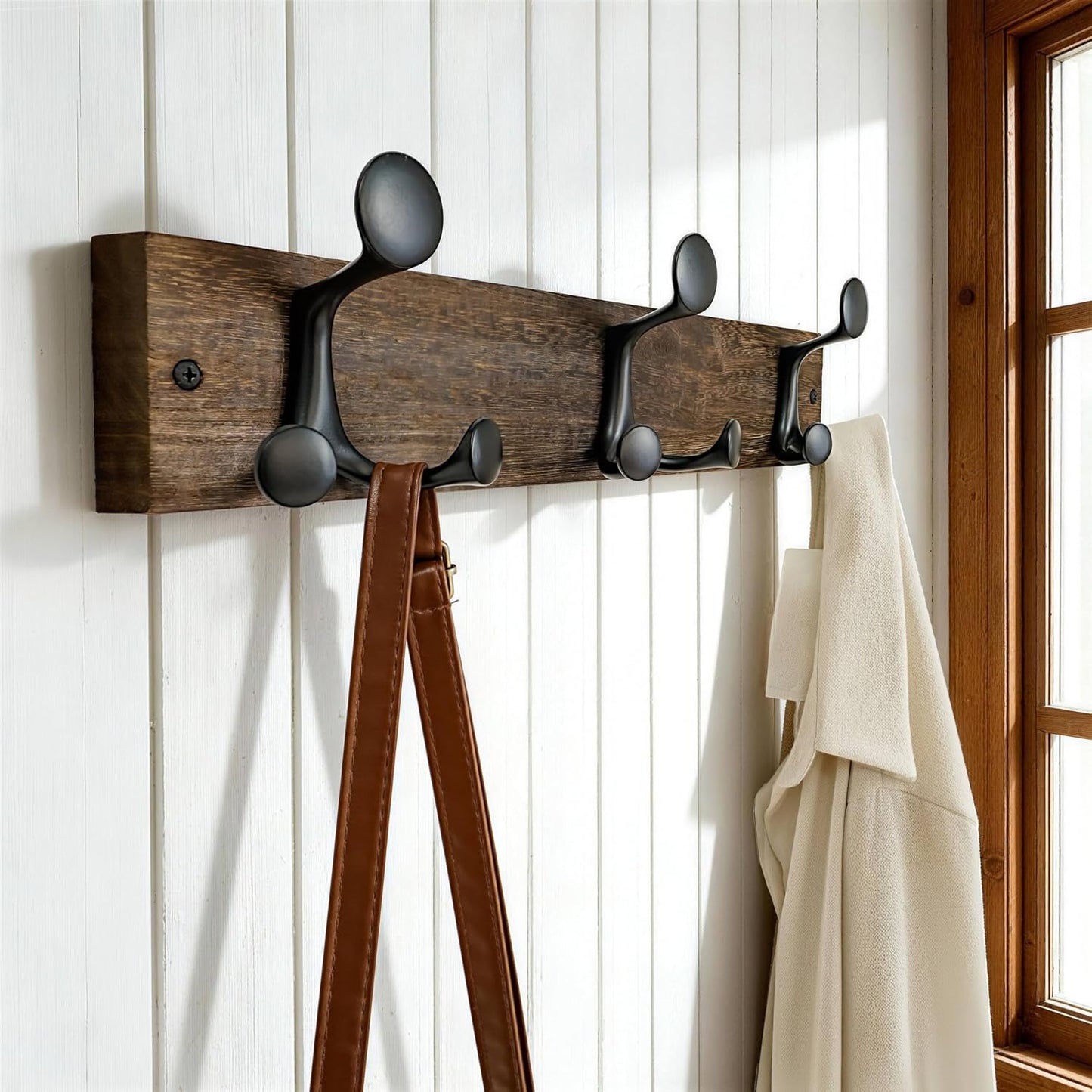 Perchero pared madera quemada 17" 3 ganchos triples
