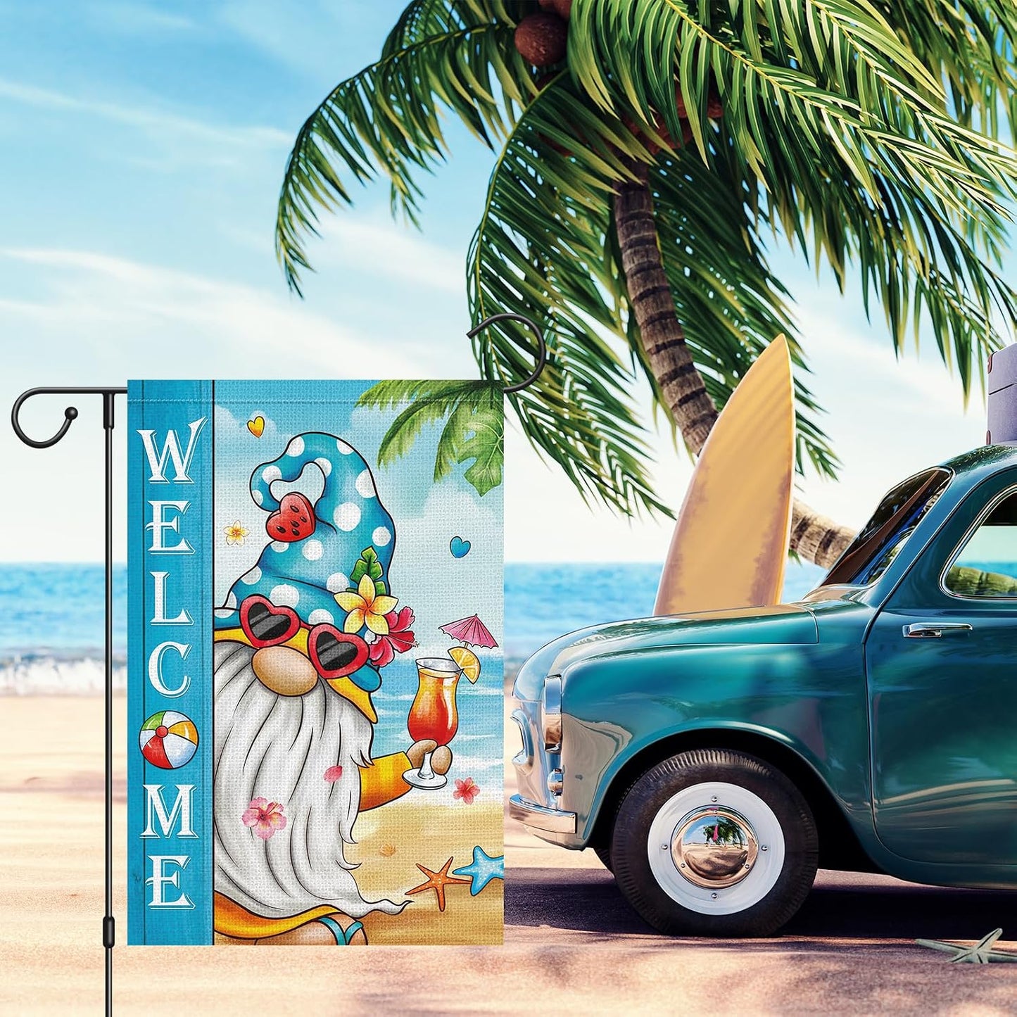 Bandera jardín gnomo 12x18pulg doble cara playa hawaii