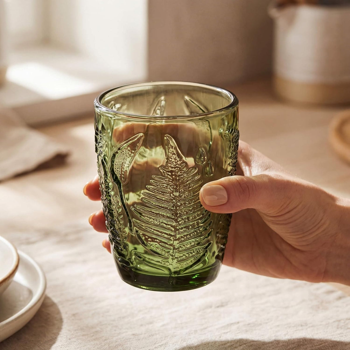 Vaso bajo con relieve de helecho verde vintage para agua, jugo y cócteles