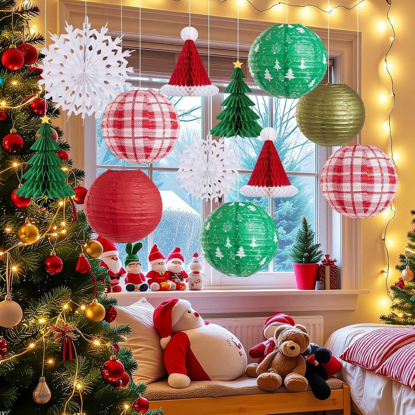 Adornos colgantes navidad 12 pzas linternas papel panal rojo verde dorado