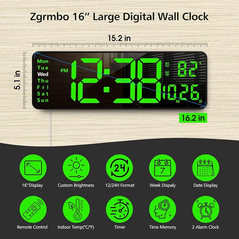 Reloj pared digital 16pulg control remoto temperatura fecha