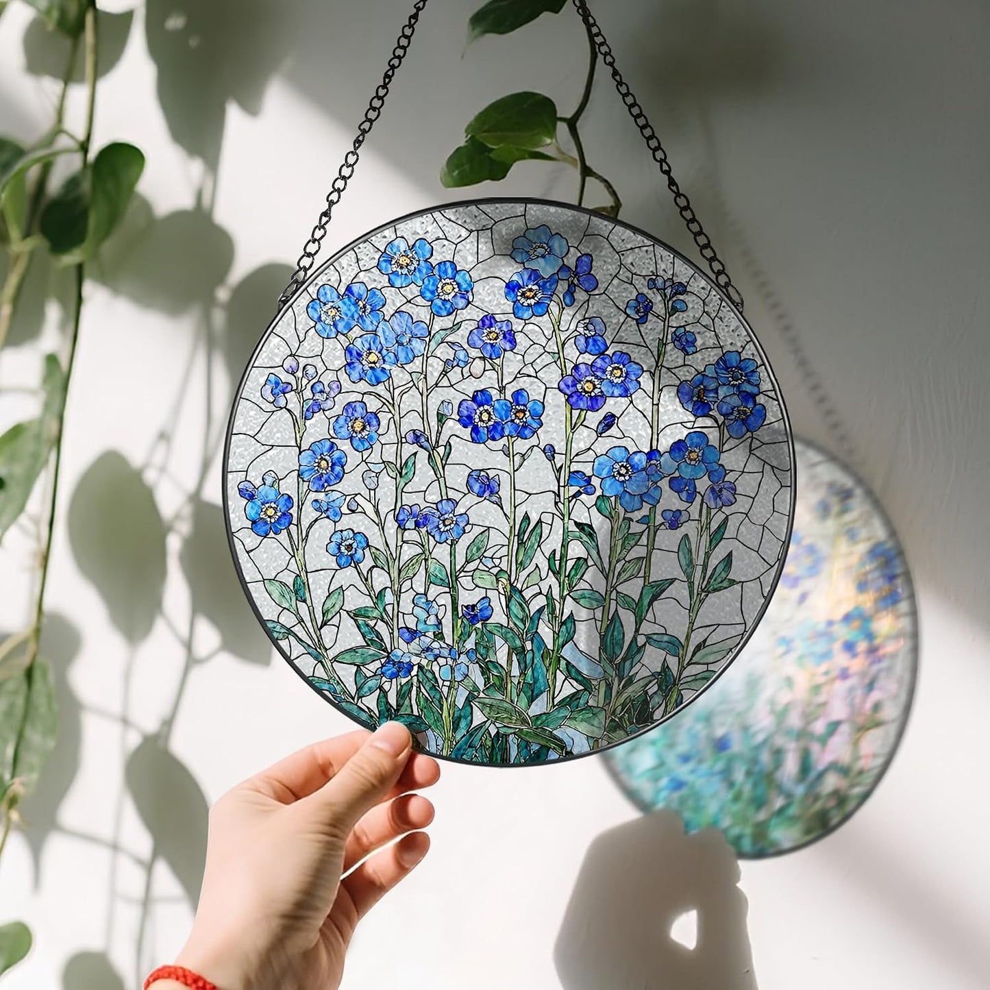 Colgante Vidrio 20.32cm Vitral Flores No Me Olvides