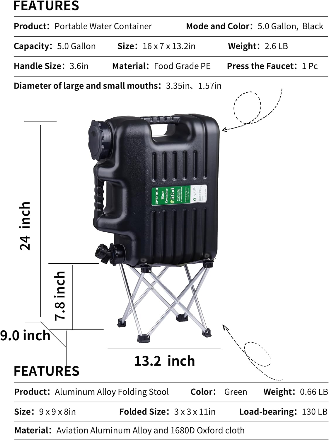 Jarra agua 5gal grifo plegable sin BPA uso exterior