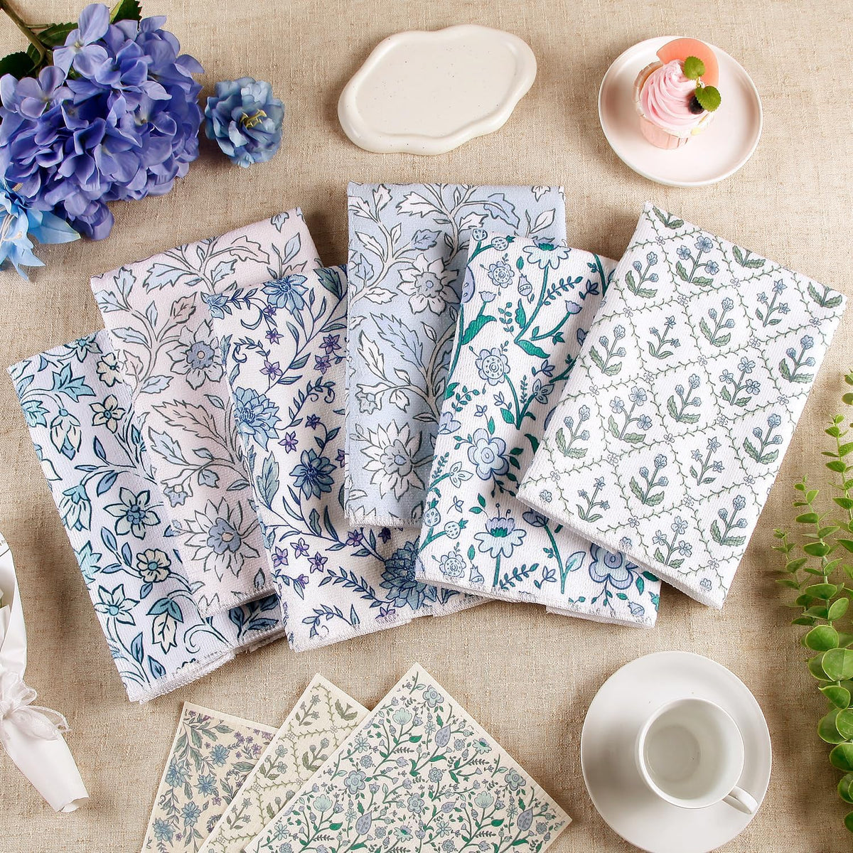 Paquete de 6 paños de cocina florales azules secado rápido suaves absorbentes decorativos