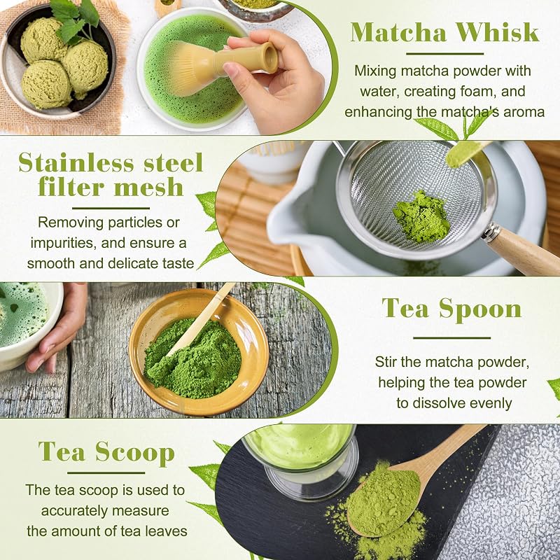 Set 4 Batidores Matcha Resina Alimentaria con Cuchara y Tamiz Inox