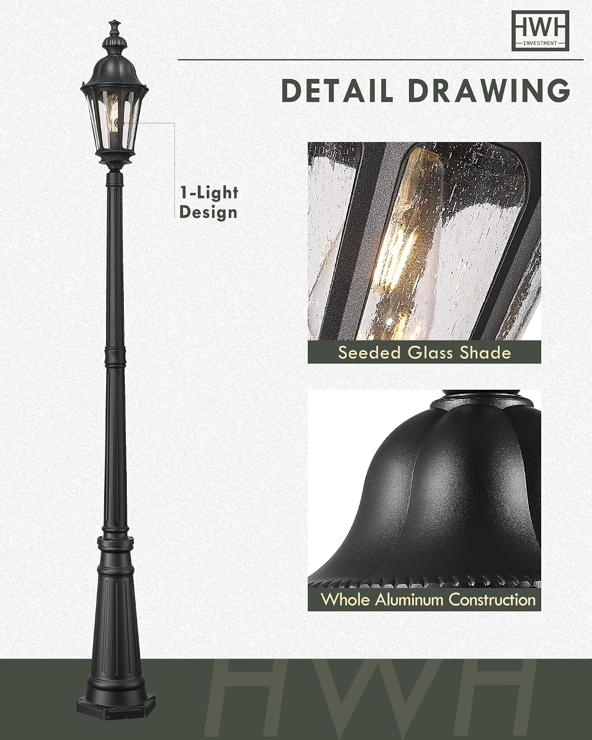 Luces poste exterior aluminio 85pulg vidrio sembrado negro