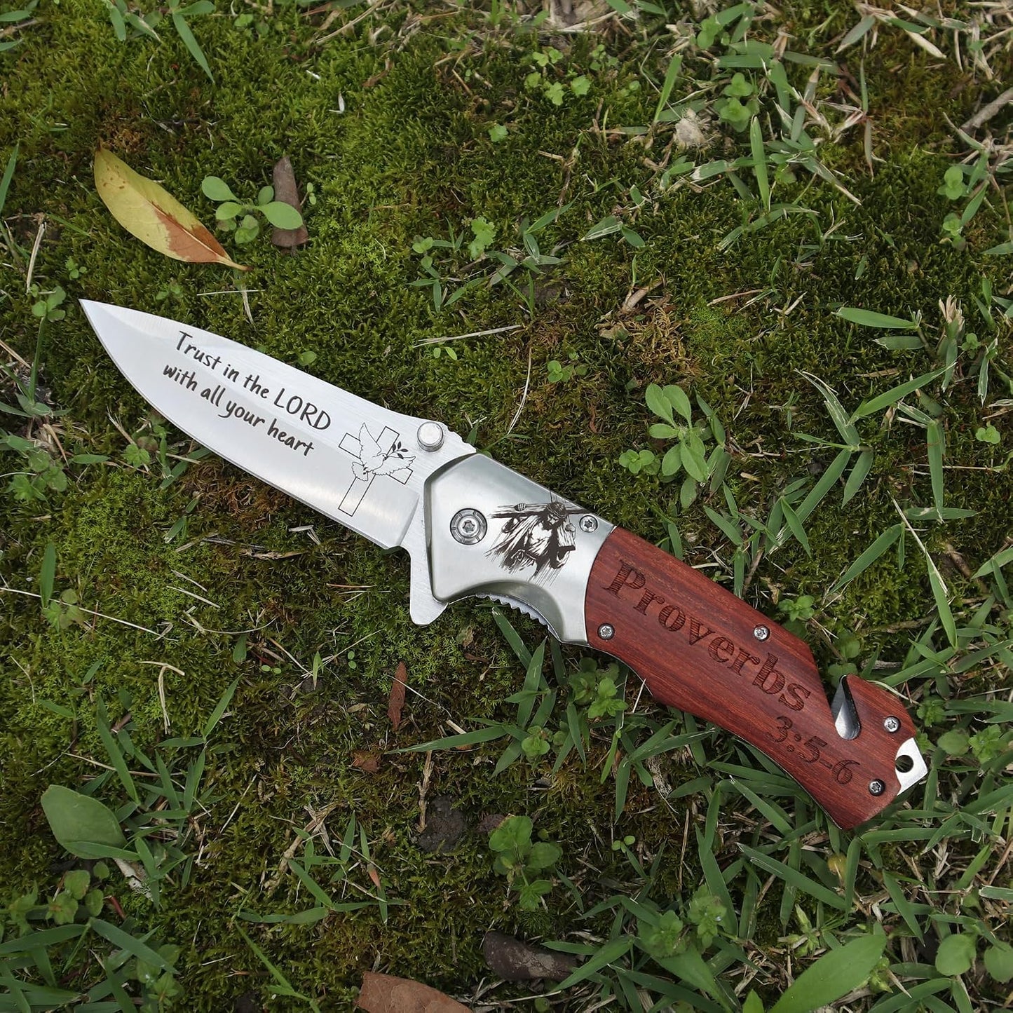 Cuchillo bolsillo religioso cristiano con cruz y versículo