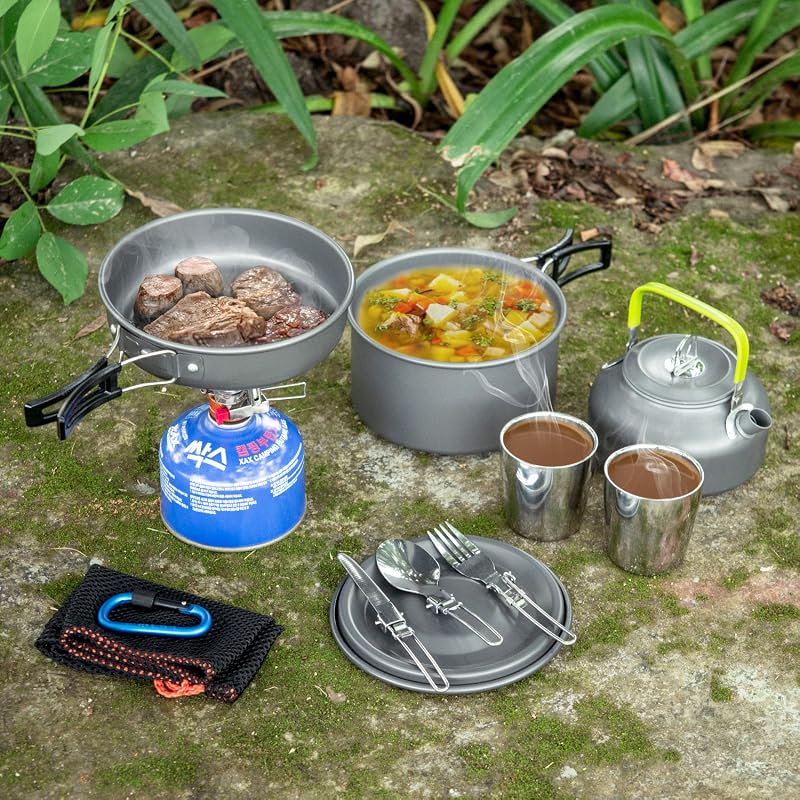 Kit utensilios cocina camping olla 2 tazas acero inox gris