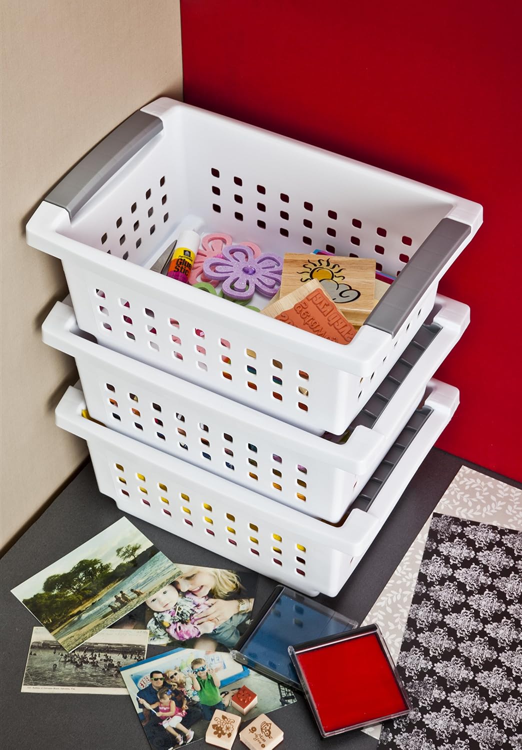 Cesta apilable blanca con detalles titanio set 6