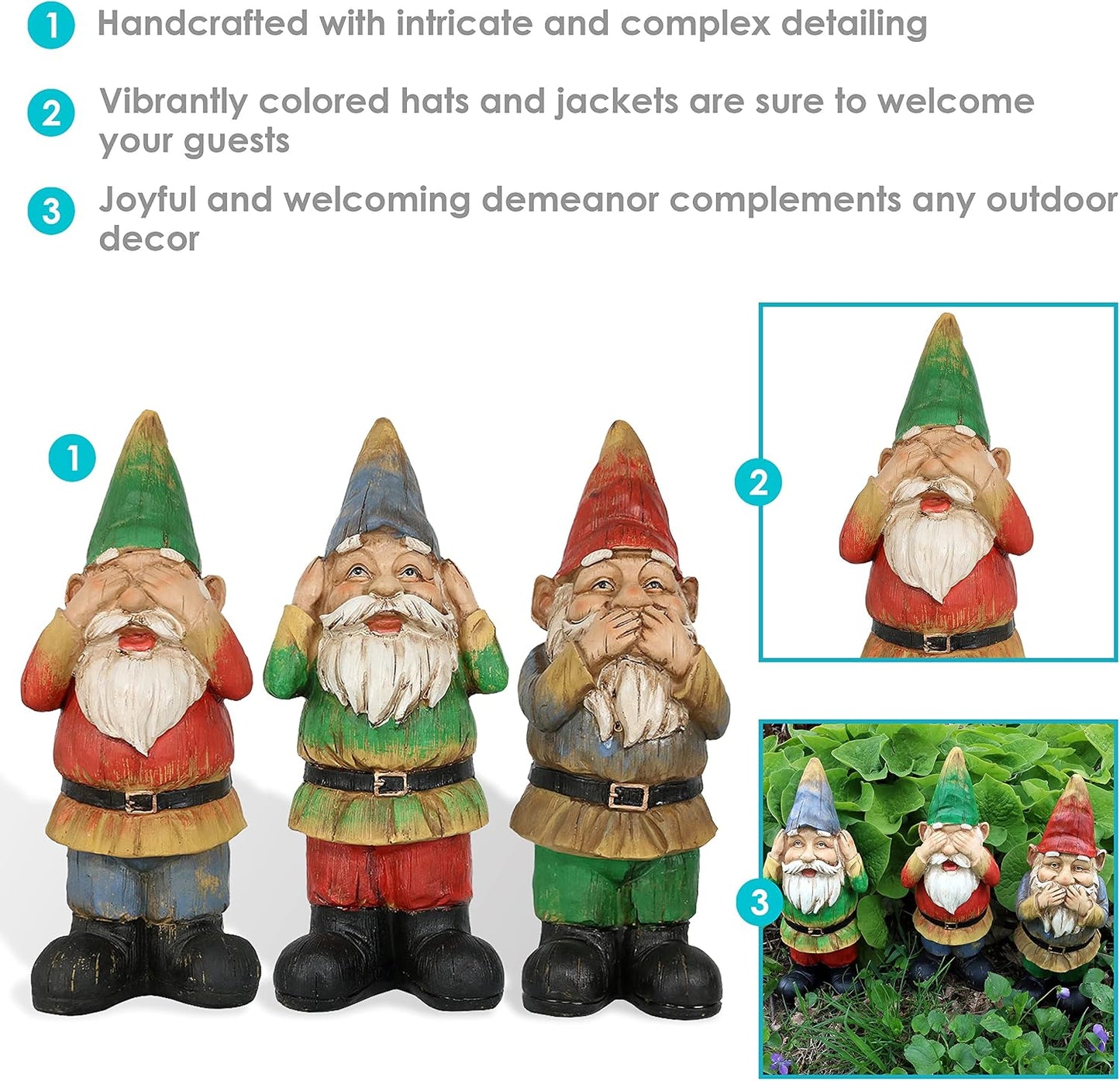 3 Gnomos Jardín Sabios Estatuas Césped