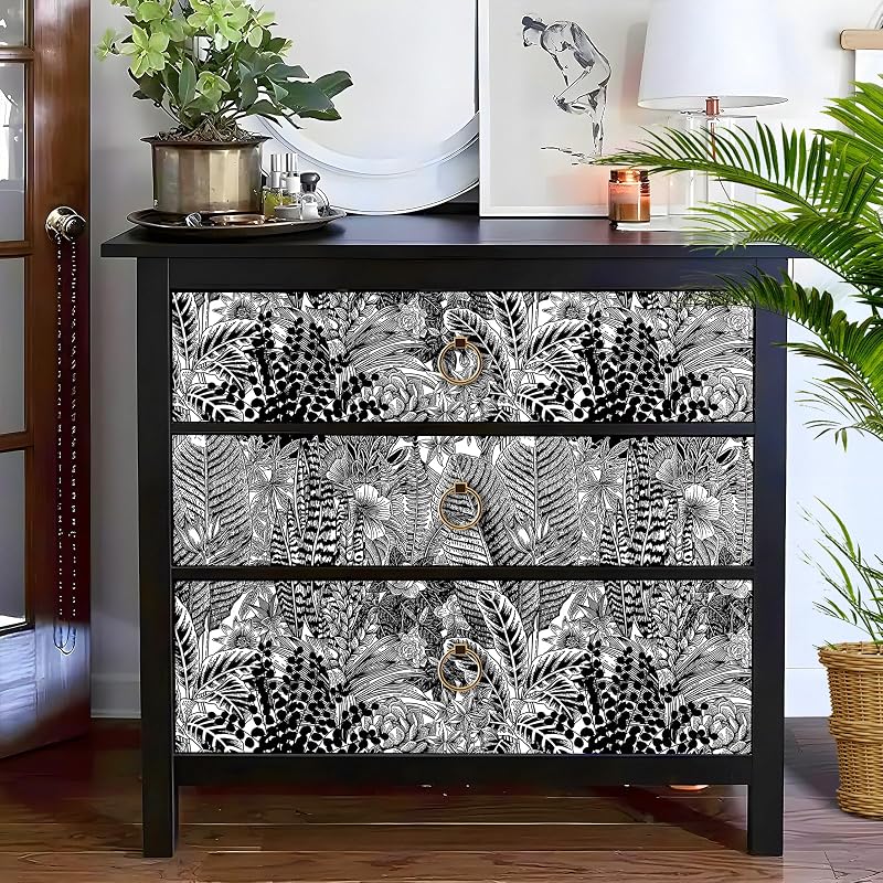 Papel tapiz tropical negro y blanco despegable para baño