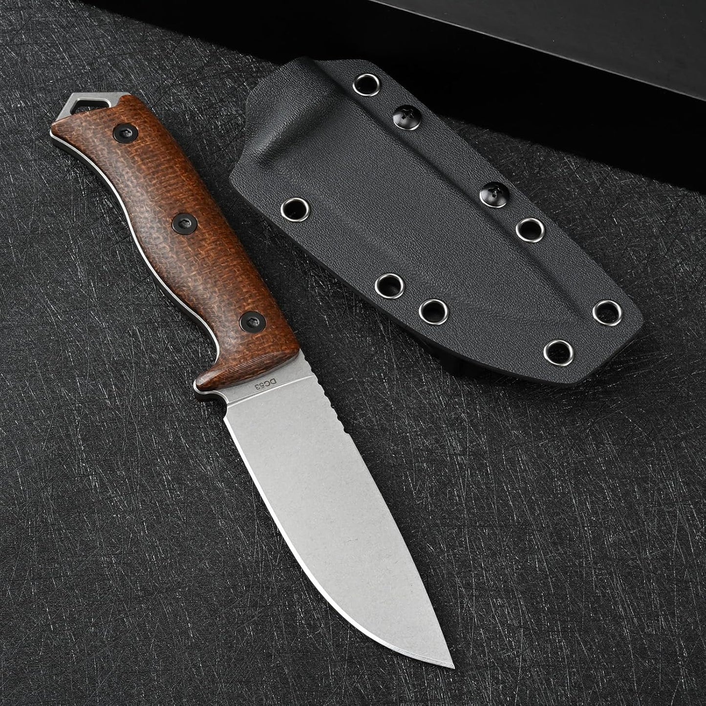 Cuchillo DC53 acero mango micarta funda kydex EDC camping