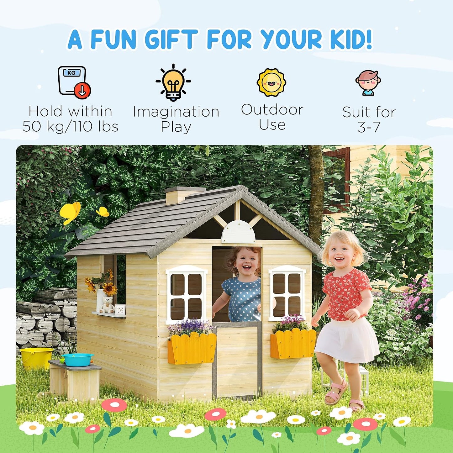 Casa de madera para niños con puerta y banco
