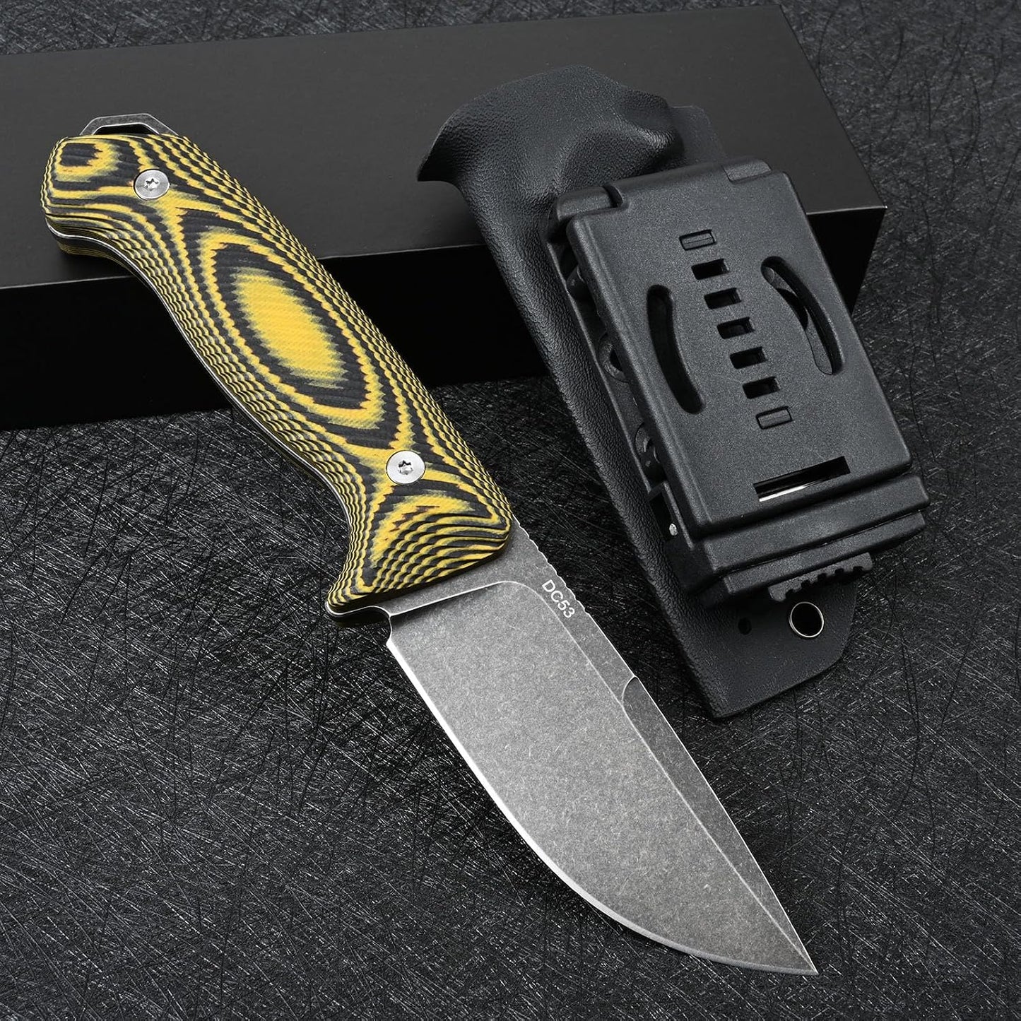 Cuchillo táctico DC53 acero G10 mango amarillo funda kydex