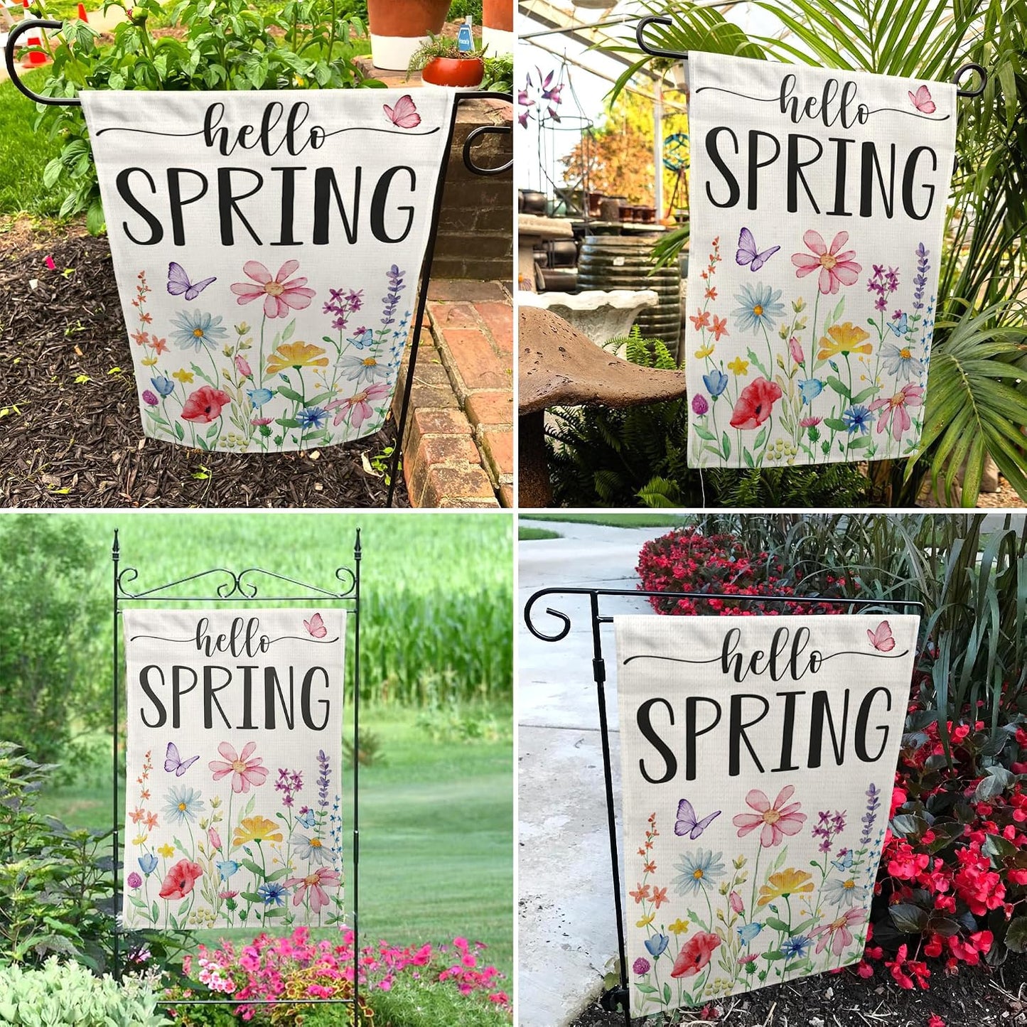 Bandera jardín floral Hello Spring 12x18" doble cara