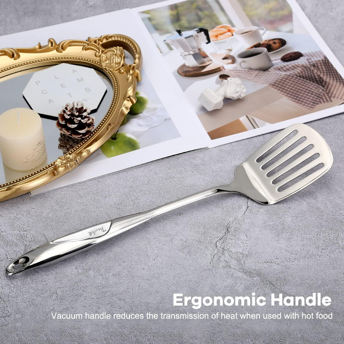 Espátula acero inox ranurada mango hueco ergonómico