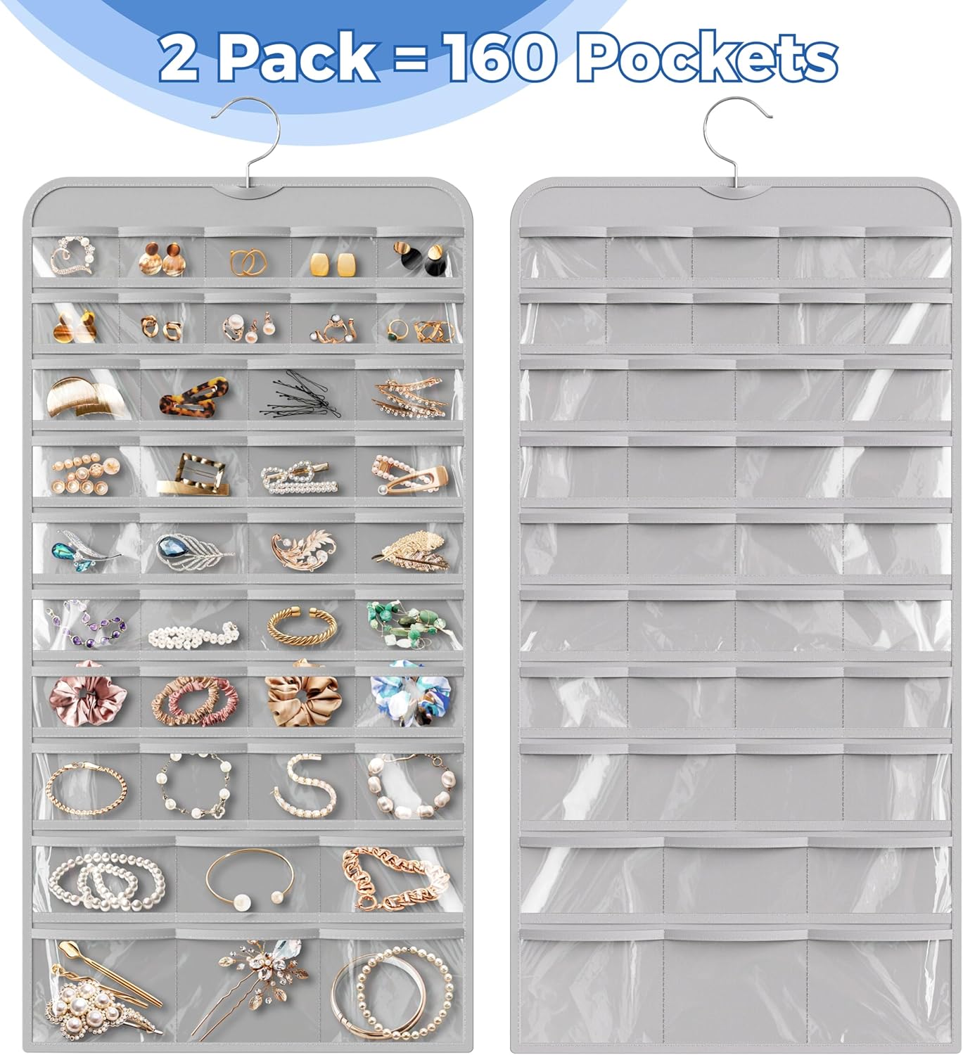 Pack 2 organizadores colgantes joyas 80 bolsillos gris