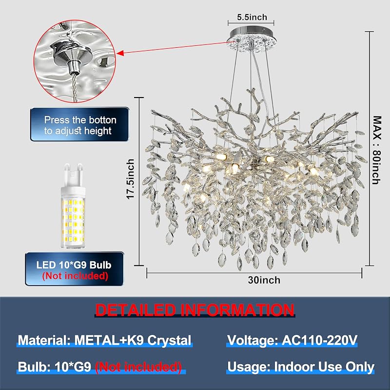 Candelabro ramas cristal 31.5" plateado 10 luces colgante