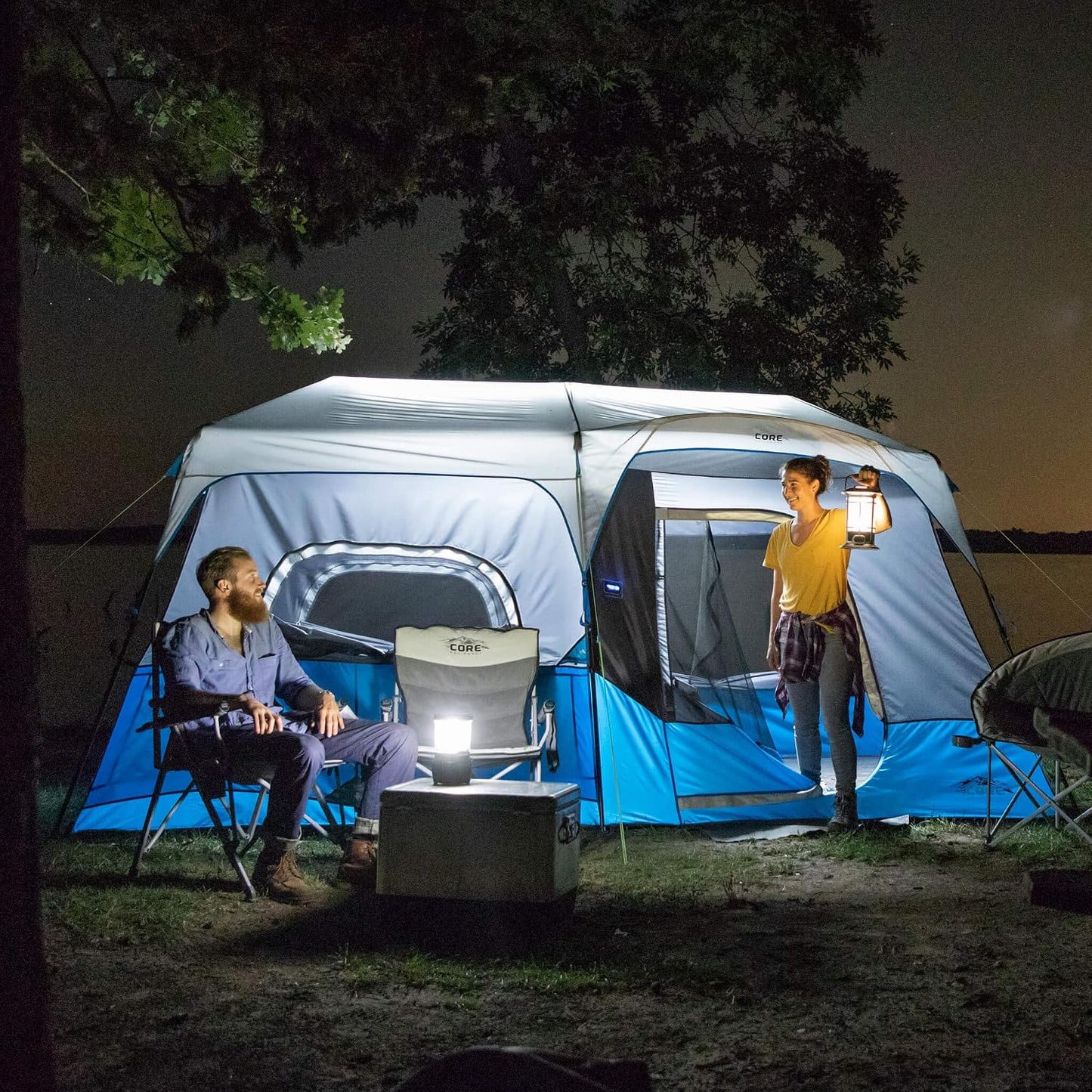 Carpa para camping con luces LED y bolsillos de