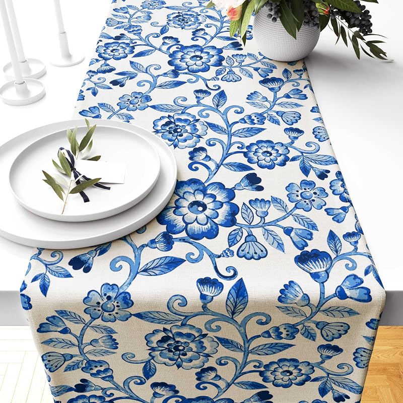 Camino mesa floral blanco azul vintage 13x72pulg