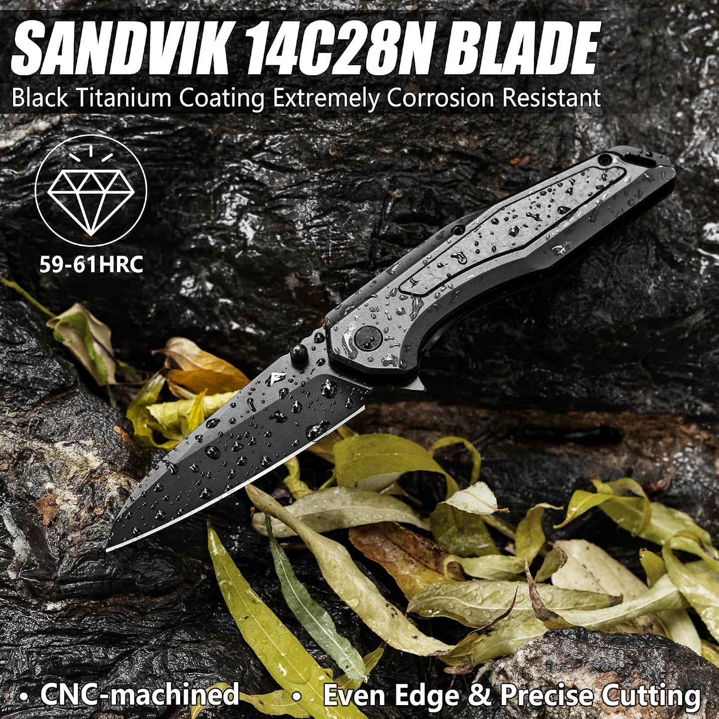 Cuchillo EDC plegable acero 14C28N mango aluminio fibra carbono