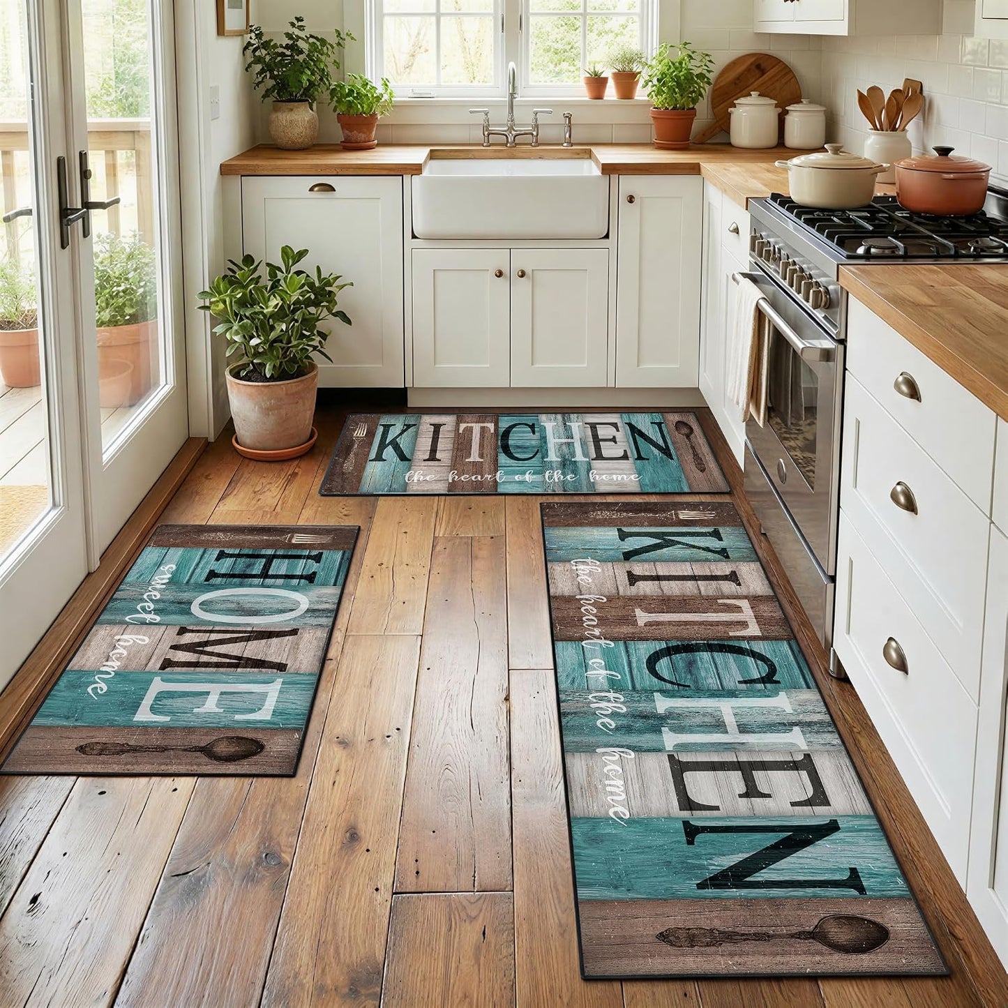 3 Alfombras cocina antideslizantes color turquesa y verde