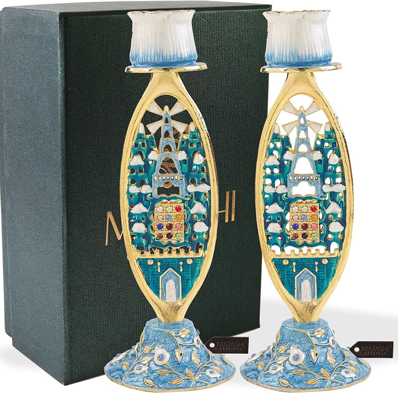 Portavelas Shabbat 2 Pzas Peltre Oro Chapado Arte Jerusalén