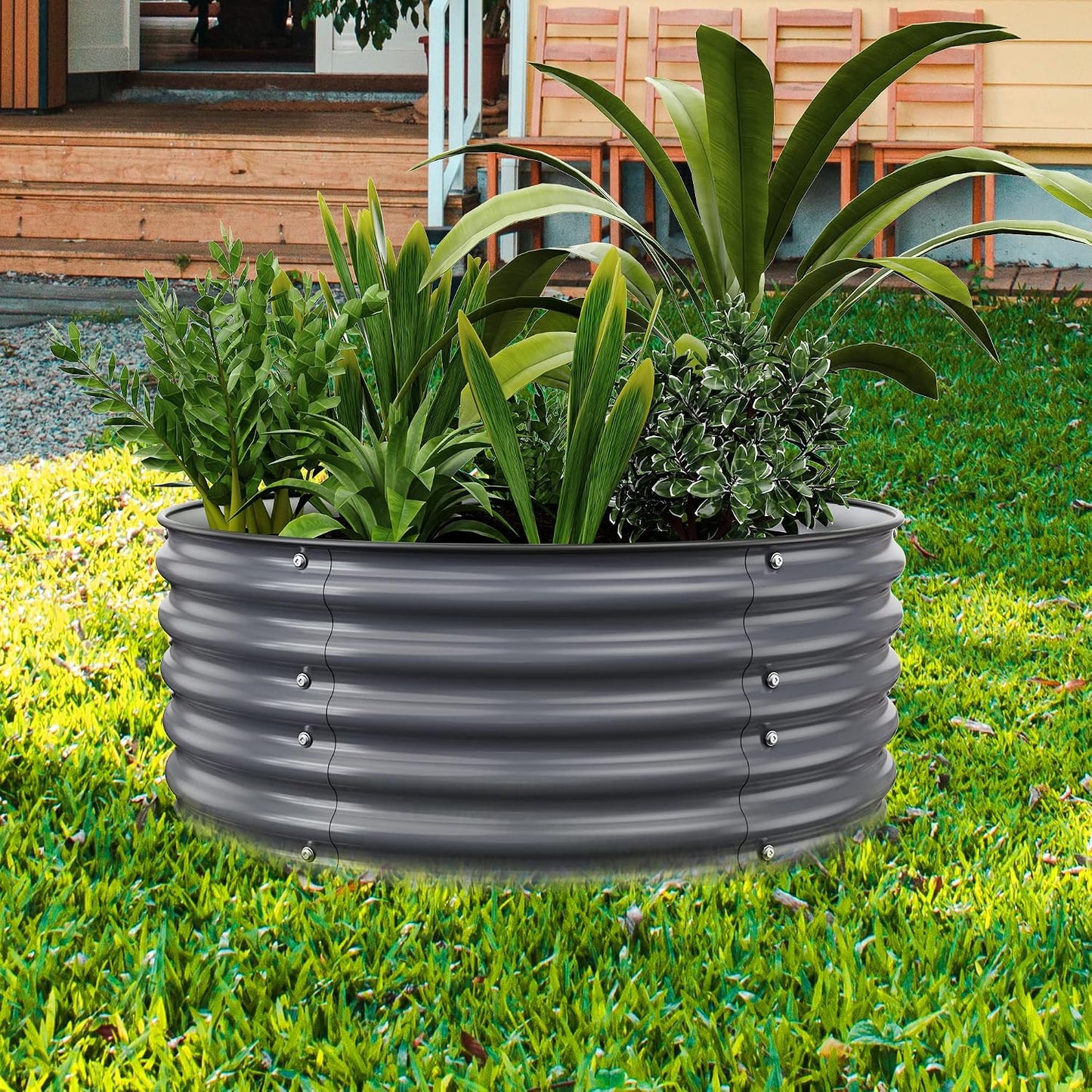 Jardinera elevada redonda 42x42x17pulg galvanizada gris oscuro